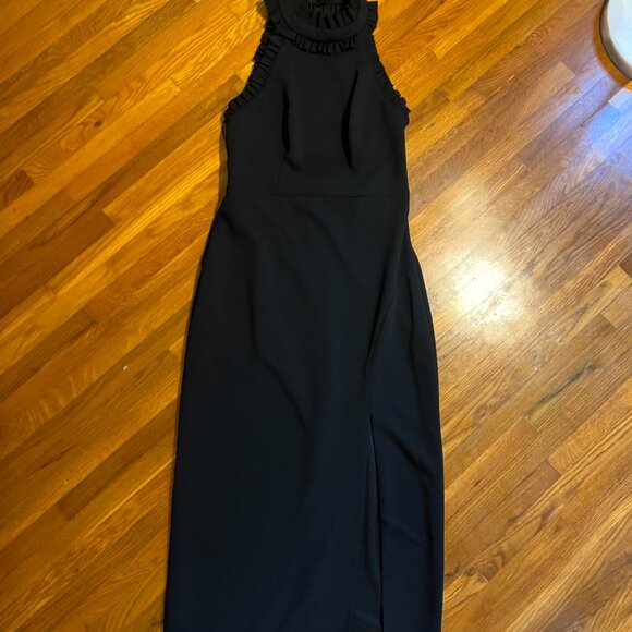 Petite Ruffled Halter Mock Neck Cutout-Back Gown - Picture 9 of 11